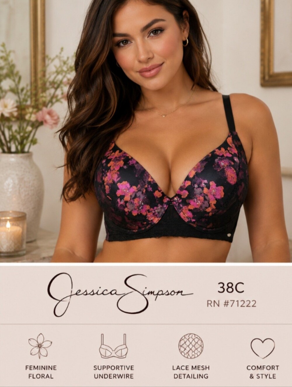 Jessica Simpson 38C Floral Lace Longline Underwire Bra Black Pink